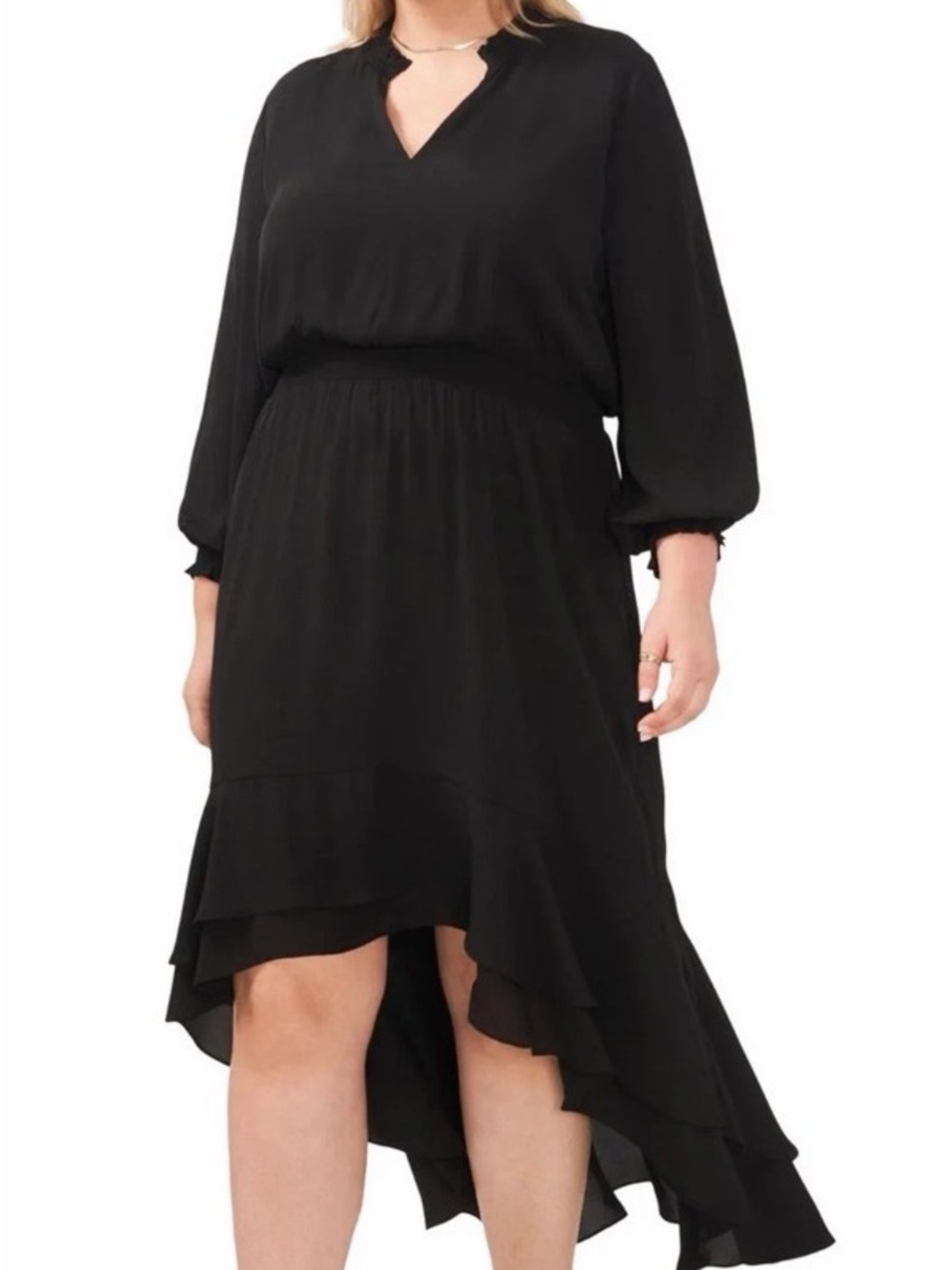 Vince Camuto Black Long-Sleeve High-Low Ruffle Dress